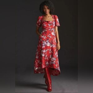 Maeve Anthropologie Red Floral High- Low Midi Dress 10